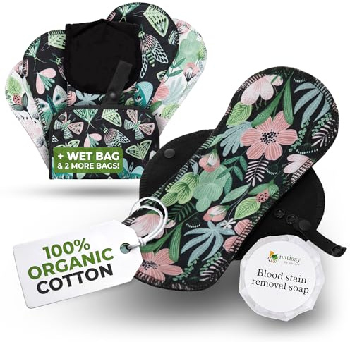 Natissy Compresas Reutilizables de Algodón Orgánico para Mujer y Adolescente, Lavables, Suaves, No Irritantes y Reutilizables - Pack 6 Tallas S+M - Made in EU