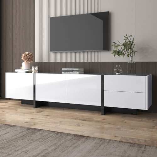 MURUL Mueble para TV, panel bajo con patas de colores en blanco brillante y negro, diseño sencillo con puertas y cajones, puertas con estantes
