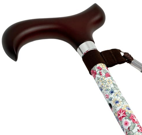 Cymam Ausziehbarer Gehstock für ältere Menschen – Aluminium mit ergonomischem Holzgriff, beidhändig, Modell mit weißen Blumen, mit Sicherheitsgurt