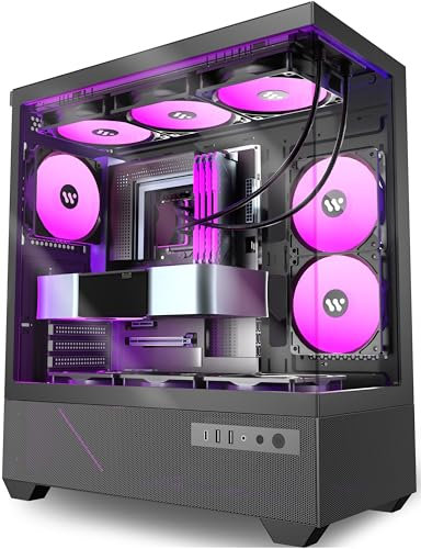 ANSAITE PC Case Pre-Installed 6 × 120mm PWM ARGB Fan, ATX Mid Tower PC Gaming Case, Computer case with Panoramic View Tempered Glass Front & Side Panel, Type C Port, Black