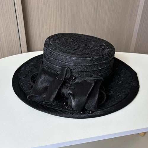 AAIXXIZAO Sonnenhut Strohhut Hut Damen Mode Frauen Mesh Kirchenhut Mit Perle Schleife Breite Krempe Kappe Hochzeit Party Hüte Strand Sonnenschutz Kappen Schwarz