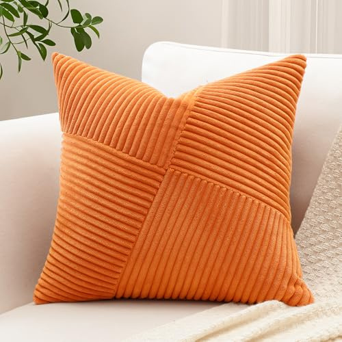 Sungeek Lot de 1 Housse de Coussin 40x40 cm en Velours Côtelé, Housse Coussins Patchwork à Rayures Pinwheel Doux Taies d'oreiller Décoratives pour Lit Canapé Chambre Salon, Orange