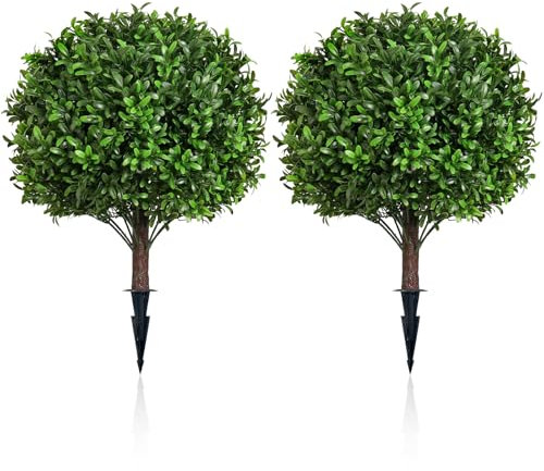 Buchsbaum-Formschnittbäume mit Erdspießen, UV-beständige künstliche Evergreens für Veranda und Allwetter-Dekoration, 2 Stück