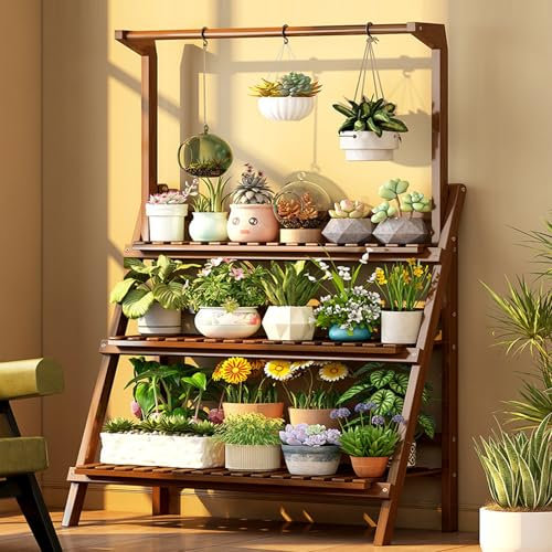 WPWSDWMX Hanging Plant Stand, 3 Tier Bamboo Planter Shelves, Organizer Rack Outdoor Indoor Display Shelving for Home Lawn(Brown,100cm/39in)