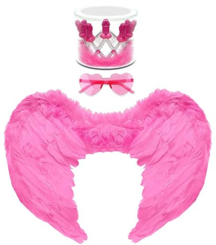 Rosa Erbsen-Krone Braut Set + Herzbrille + Engelsflügel mit rosa Federn für Junggesellinnenabschied Hot Party Sexy Gadget für Erwachsene 18+