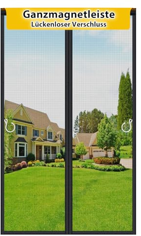 HOFUDON Fliegengitter Tür 90x220 cm, Ganze Durchgehender Magnetverschluss ohne Lücken für Fiberglas Insektenschutz Fliegengitter Balkontür Magnet ohne Bohren, Reißfest, Wetterfest, 4cm Klettband Oben