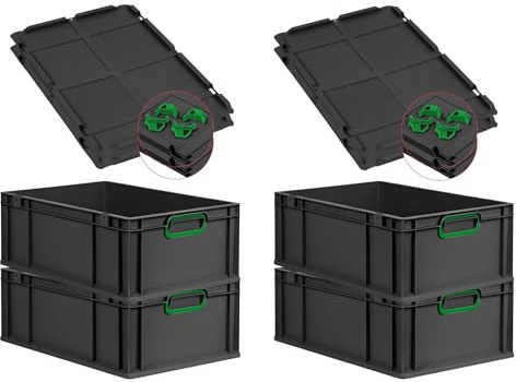 PROREGAL SuperSparSet 4x Eurobox NextGen Color mit Auflagedeckel & Schiebeschnappverschlüsse, HxBxT 22x40x60cm, 44L, Schwarz, Griffe grün geschlossen,Eurobehälter, Transportbox, Transportbehälter