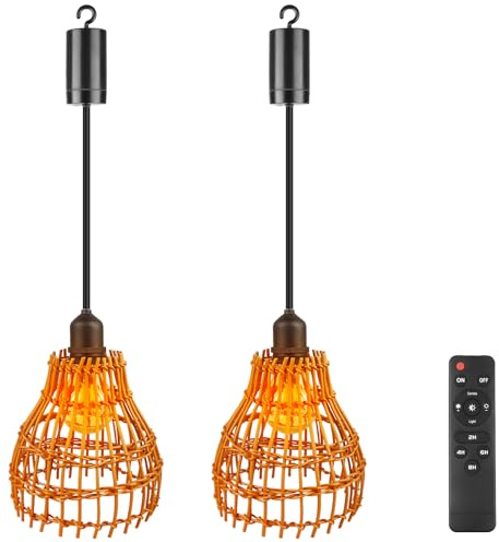 Behogan Rattan Hängelampe: 2 Stück Batteriebetriebene Pendelleuchte, Boho Hängelampe mit Fernbedienung Outdoor Indoor Hängeleuchte für Garten Außen für Terrassen und Pavillons