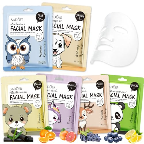 6 PCS Tuchmasken Gesicht Kinder mit Tier Cartoon Motiven,Feuchtigkeitsmaske | Feuchtigkeitsspendende Gesichtsmaske Frauen,für Teenager Mädchen und Frauen Geschenke, Gesichtsmaske Tuchmaske Damen