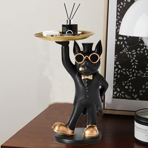 Französische Bulldogge Deko Skulpturen, Französische Bulldogge Tablett Deko, Entzückende Französische Bulldogge Statue mit Tablett für Wohnzimmer, Eingangsbereich, Büro, Tischdekoration Geschenke