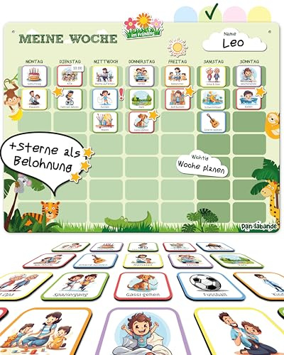 PANDABANDE Wochenplaner Kinder mit 210 Magneten | Montessori Kinderkalender für mehr Struktur im Alltag - Magnetischer Wochenplan mit Belohnungssystem