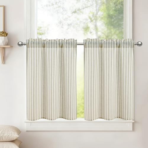 DWCN Leinen Kurz Scheibengardinen Küche Leinenoptik Vorhänge H45xB90cm | Gestreift Grün, 2er Set Modern Gardinen Halbtransparente Fenstervorhänge Landhausstil für Bistrogardine Schrankvorhang