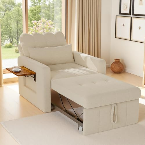PerGar Schlafsofa, Schlafsessel mit Bettfunktion, 5-Stufig Verstellbarer Rückenlehne, Klappbares Schlafcouch, mit Kissen und Seitentasche, für Gästezimmer & kleine Räume, aus Chenille (Beige)