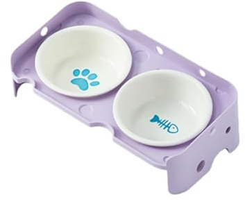 Kattskål-set av keramik med 2 skålar och oststativ – skonsam mot halsen med rolig tassfiskbensdesign, 27,9 × 15 × 8,8 cm, i ljuslila