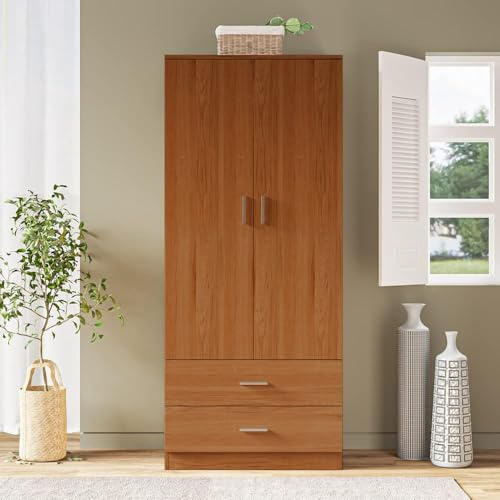 Panana 2 Door Wardrobe with 2 Drawers Clothes Storage Cupboard with Hanging Rail for Bedroom, 77 W x 50 D x 180 H cm (Brown)