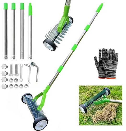 Scarificatore manuale con ruote, scarificatore con manico, 165 cm, aeratore per prato con ruote, rastrello da taglio in metallo, rimovibile, regolabile, per giardino, cortile, prato