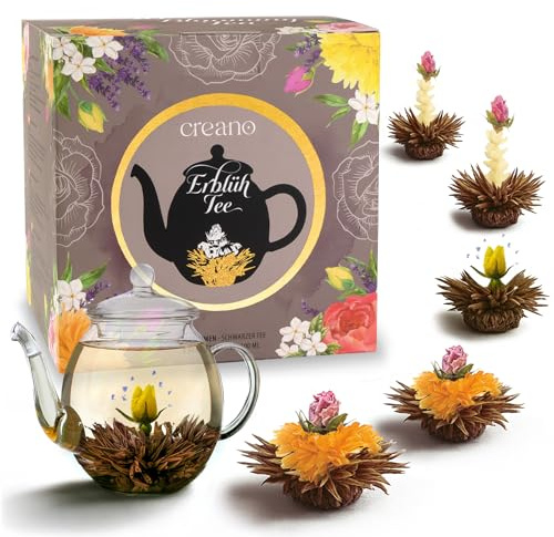 Creano Coffret Cadeau Fleurs de Thé Noir - Flower Design - Thé à Fleurs avec une Théière en Verre de 500 ml et 6 variétés de thé noir - Cadeau de Noël - Cadeau pour les femmes et les amateurs de thé