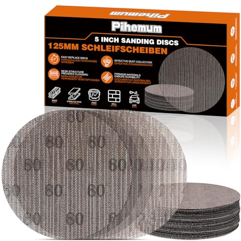 pihemum 60 Pcs 125mm Mesh Sanding Discs 80 120 180 240 320 400 Grit Hook and Loop Net Sandpaper for Orbital Sander