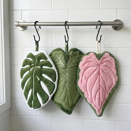 Toallas de Mano de Hoja Verde, 3 Piezas Lindas Paños de Cocina, Trapos Absorbentes, Toallas Decorativas, con Trabillas para Colgar, Suaves Toalla de Lana de Coral para Cocina, Baño, Mesa Comedor