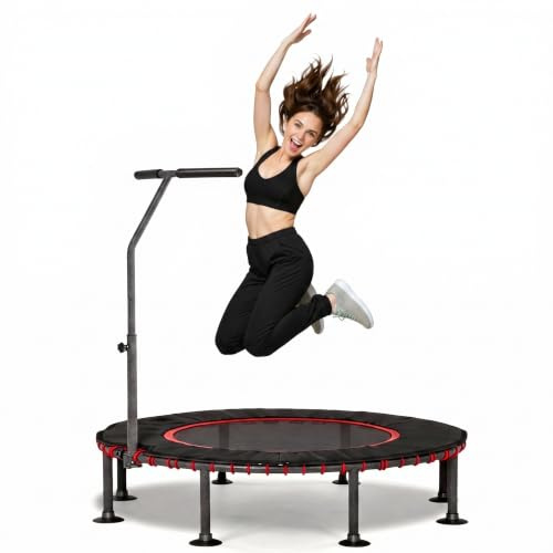 LIFERUN Trampoline d'intérieur pour adulte - Diamètre : 122 cm - Petit trampoline de fitness - Charge maximale : 150 kg - Suspension en corde en caoutchouc stable et silencieuse - Poignée réglable en