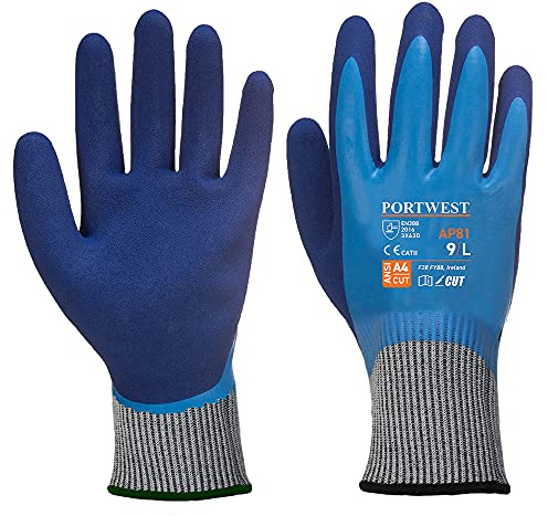Portwest AP81 Gant Anticoupure Liquid Pro Double Enduction Latex Jauge 13 | Bleu, L, EN 388 Niveau de coupure D, EN ISO 21420 Dextérité 5, Certifié CE, Résistant à L'eau, Construction