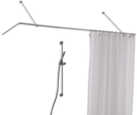Duschvorhangstange U-Form 170 x 75 cm aus massivem Edelstahl, Wandabhängung mit Vorbeiziehfunktion, Winkel-Stange Wandmontage, Duschvorhangschiene - PHOS Design