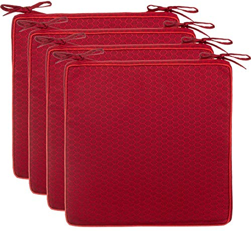 Brandsseller Set de 4 Cojines de asiento 40x40x4 cm – Cojine para silla repelente al Agua con Cintas de Sujeción en estructura de Panal – interior y exterior – Cocina,Terraza, Jardín – Rojo