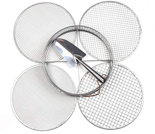 Practicool Setaccio per invasatura da Giardino, in Acciaio Inox, con 4 Maglie intercambiabili da 3, 6, 9, 12 mm e Vanga
