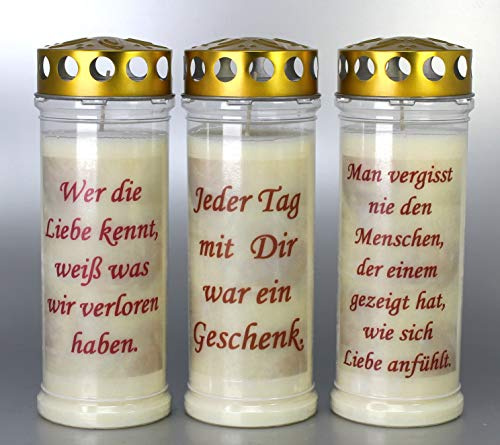 Grabkerzen 3er Set mit Spruch, Größe 21x7,5 cm - Brenndauer ca. 7 Tage je Grablicht – 3906 – Elegante Gedenkkerzen, Trauerkerzen aus Deutschland