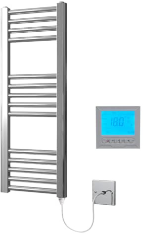 Greened House Chrome Electric Heated Towel Rail 300mm W x 800mm H + Timer | Includes 7 Day Timer/Thermostat, Flat, Bathroom, Straight, Towel Warmer