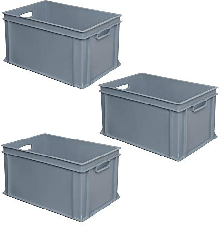 BRB 3x Eurobehälter mit 2 Durchfassgriffen, LxBxH 600x400x320 mm, 63 Liter (grau)