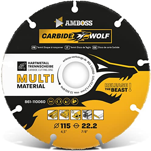 Amboss Carbide Wolf Ø 115mm Disco da taglio in metallo duro per smerigliatrice angolare (Bosch e altri) legno (con chiodi), plastica, gesso disco da taglio per legno, lama universale per sega