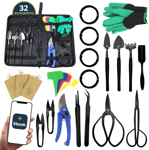 Cultivea® Set aus 32 kompletten Bonsai-Werkzeugen - Stahlwerkzeug - Gärtnern - Bonsaischere zur Pflege Ihrer Bonsais und Pflanzen - Schere -Zange - Trimmen und Beschneiden von Bonsai - Aluminiumdraht