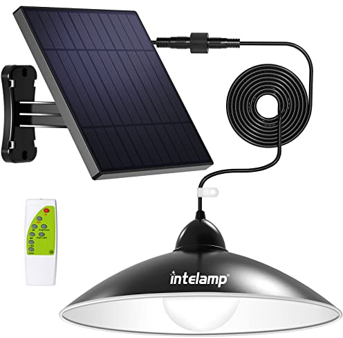 INTELAMP Lampade solari per interni ed esterni, lampada a sospensione a LED solare con telecomando, impermeabile, lampada a sospensione per tende, gazebo, magazzini, pollai con cavo da 5 m