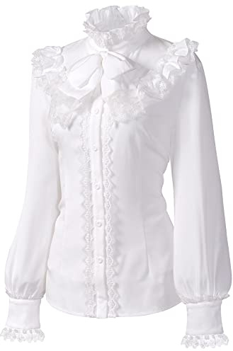 UBOOCSR Women's Elegant Vintage Medieval Lotus Shirt Long Sleeve Steampunk Victorian Blouse Ruffle Lace Stand-Up Tops(White,3XL)