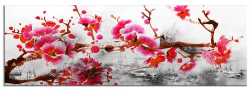 decomonkey - Impression sur Toile Intissé Cerisier 150x50 1 Pièce - Tableau Décoration Appartement Cadre en Bois Photo Déco Salon Peinture sur Toile Maison Fleur de cerisier du japon
