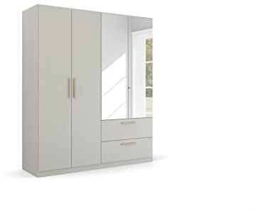 Rauch Möbel Quadra-Spin SKANDI, Kleiderschrank, Seidengrau, Breite 181 cm | Schrank im Skandi Stil, 4-türig, Spiegel, 2 Schubladen, für Schlafzimmer, Kinderzimmer, Studentenwohnung, Garderobe