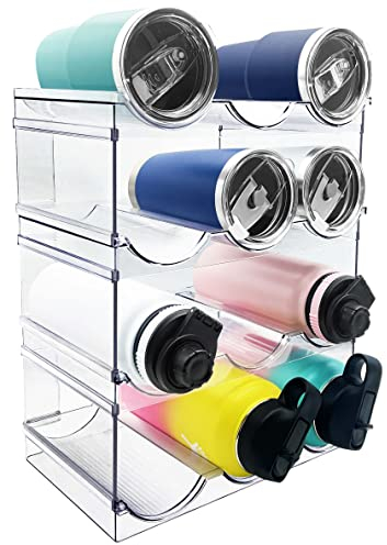 Water Bottle Storage Organiser for Cupboard, Stackable Rack for Fridge Pantry, Plastic Holder for Travel Mug, Tumbler, Thermos Flask