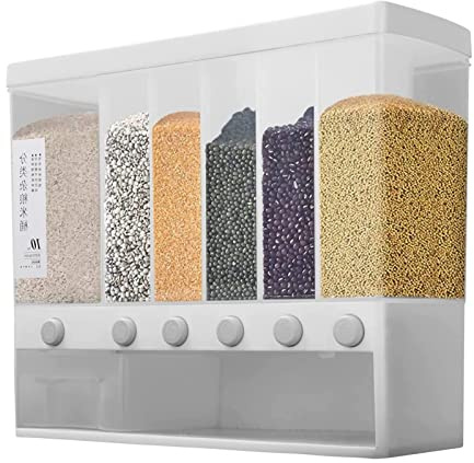 Shoze Dry Food Dispenser 6 in 1 Plastic Wall Mounted Rice Bucket Grain Dispenser Moisture Proof Sealed Cereal Dispenser for Kitchen with Lid for Rice Grains Beans