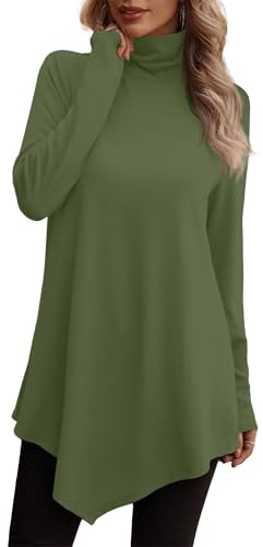 Womens Long Sleeve Turtleneck Blouse Asymmetric Hem Tunic Top Green XXL | Long Shirts for Women for Leggings, Loose Fit Dressy Casual, Fall Fashion, Winter Flowy Blouses