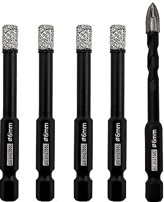 DT-DIATOOL Diamantbohrer 6mm 4 Stück mit 1 Stk. 6mm Diamant-Hartmetallbohrer für Fliesen Porzellan Keramik Marmor Granit (5er-Pack)