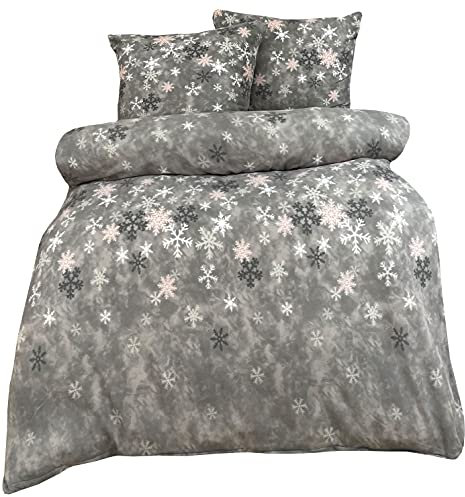 Leonado Vicenti - Warme Winter Bettwäsche Schneeflocken Kristall Grau Fleece gestreift modern Schlafzimmer Garnitur Set Bezug Decke wählbar 135x200 / 155x220 / 200x200 / 200x220 / 240x220