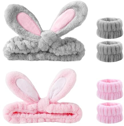 2 Stück Makeup Haarband, 4 Stück Gesichtswasch-Handgelenkbänder, Damen Schmink Haarband, Plüsch Hasenohren Stirnband, Elastisch Weich Schminken, Gesicht Waschen für Frauen und Mädchen