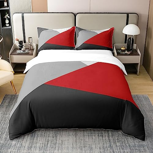 Homewish 100% Baumwolle, Bettwäsche-Set, 200 x 200 cm, Rot / Schwarz / Grau, geometrischer Bettbezug im Patchwork für Kinder, Jungen, Mädchen, Dreieck Einzelbett, moderne Tagesdecke