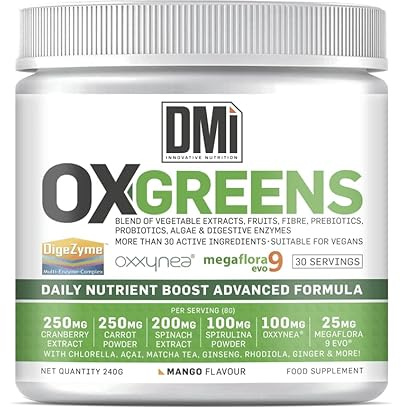 DMI INNOVATIVE NUTRITION Ox-Greens 240g Sabor Mango 30+ Extractos Vegetales | Oxxynea®, Superfrutas, Enzimas DigeZyme® y Probióticos Megaflora 9 EVO®, Soporte Inmunitario, Digestivo y Detox