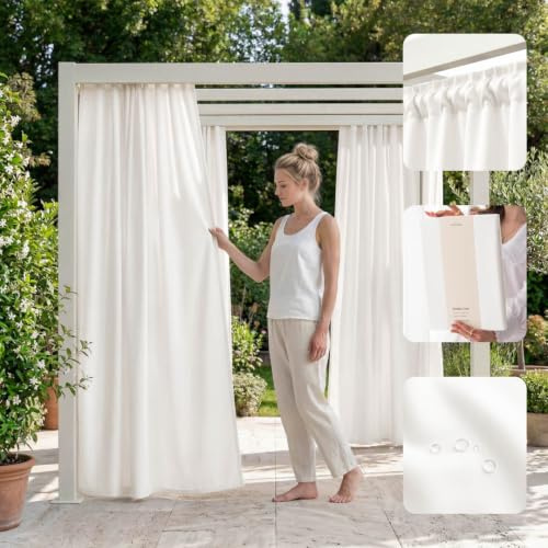 ROOM99 Utomhusgardiner med veckband Garden Line 155 x 200 cm bredd x höjd utomhus gardin väderbeständigt vattentätt insynsskydd solskydd gardiner trädgård vindtät ecru