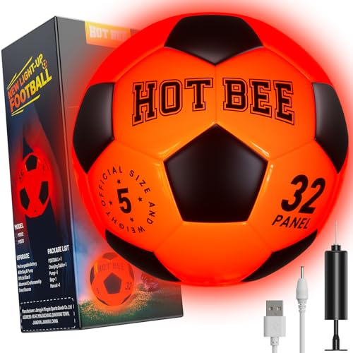 Hot Bee Fußball Geschenk Junge Leuchtender Fußball Gummi Größe 5 Fussball Kinder Spielzeug ab 8 9 10 11 12+ Outdoor Sport Spielzeug Geschenk mit Tragetasche und Pumpe Training Fussbälle Orange