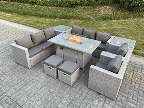 FMSGarden Light Grey Rattan Fire Pit Garden Furniture Set Gas Heater Burner Lounge Sofa Dining Set 2 Coffee Table Chairs Stools
