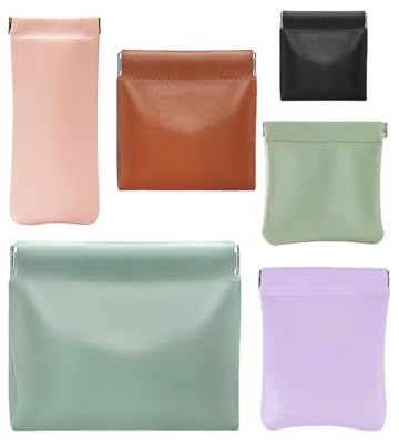 6 Pcs Small Makeup Bag for Purse, Snap Closure Organizer Pouch, Portable No Zipper Self-Closing Pouches for Travel Storage Bag Mini Pu Leather Pouches For Cosmetics Headphones Jewelry (Mix colors)