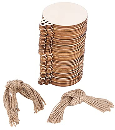 Humanitypd 50 palline rotonde in legno fai da te con 50 spaghi da dipingere, ornamenti natalizi non finiti da appendere, dischi in legno naturale vuoti, fette sfuse per rustici